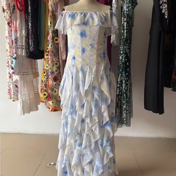 Off-Shoulder Blue & White Ruffle Maxi Dress - Picture 2 of 6